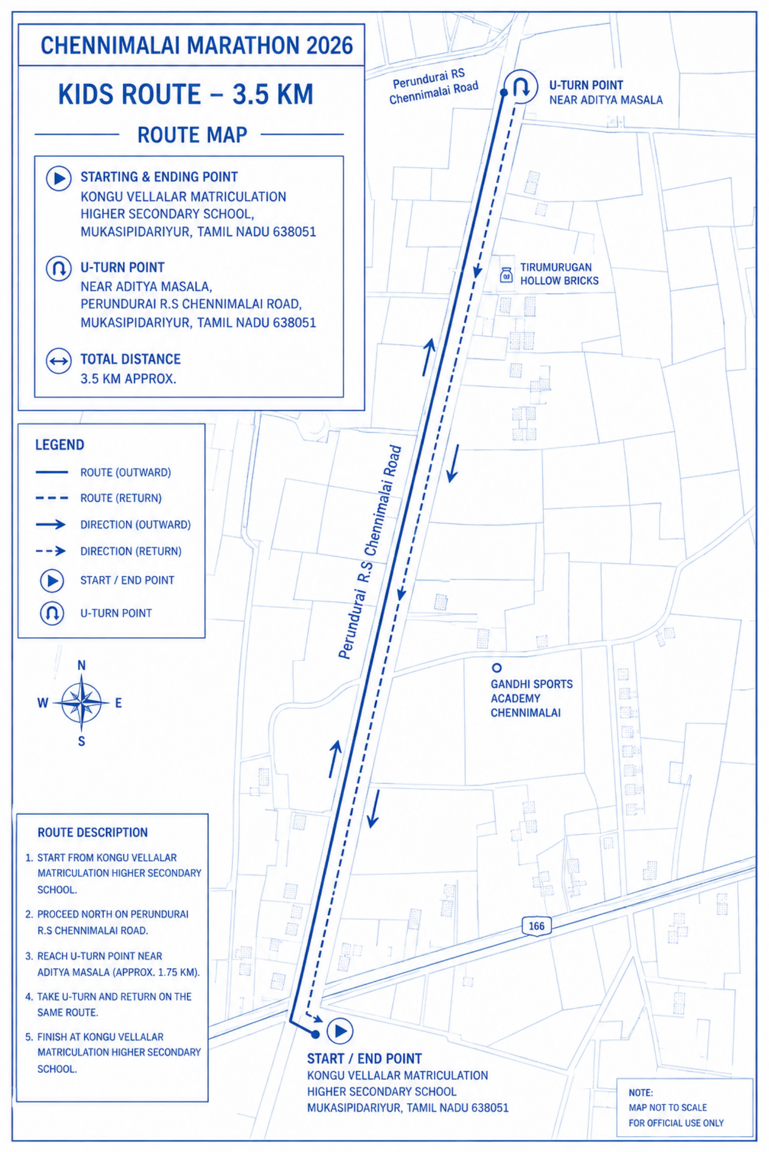 Kids Fun Run 3.5 KM official route map — Chennimalai Marathon 2026